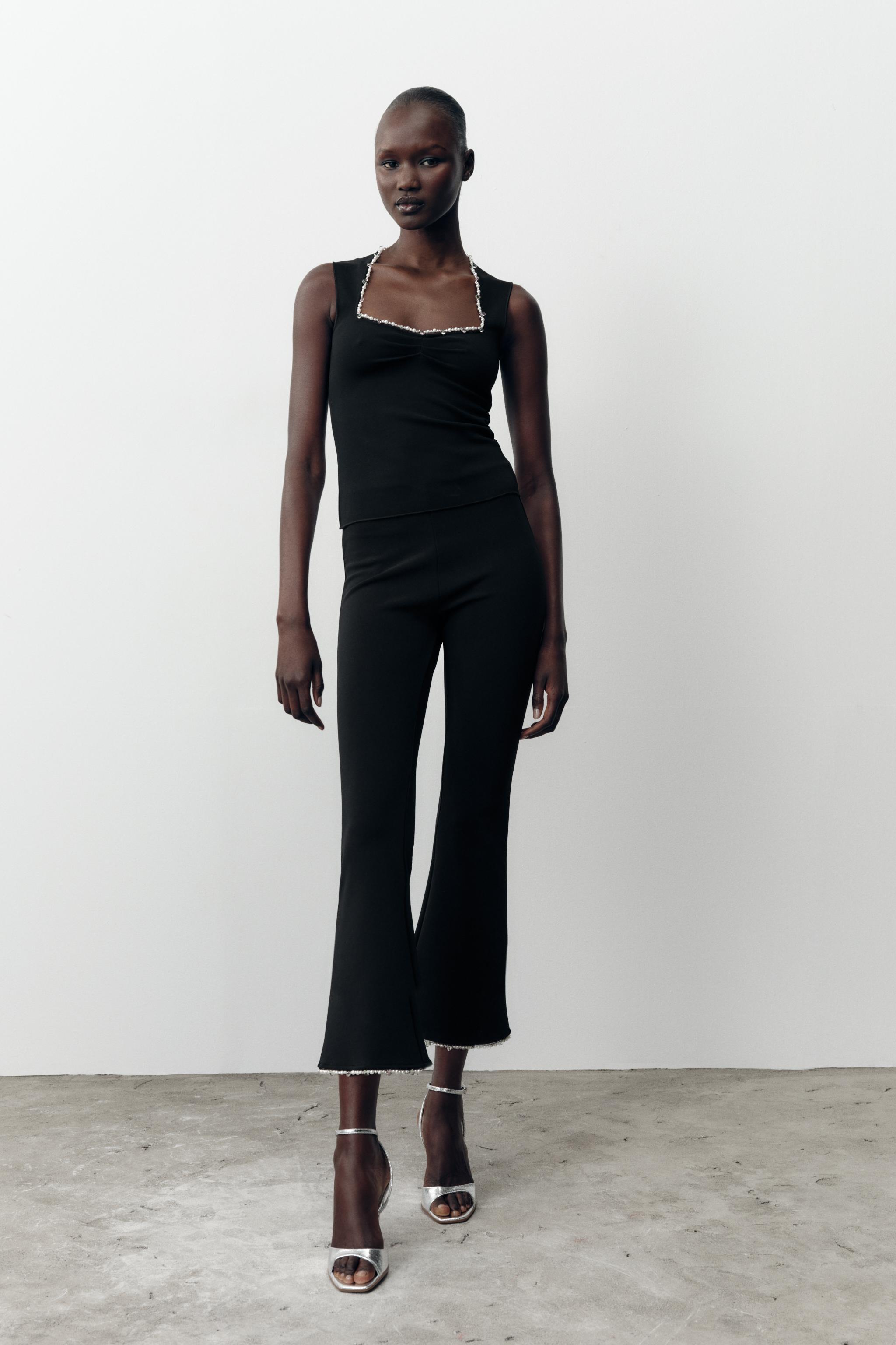 PEARL EMBELLISHED STRETCH FLARE PANTS