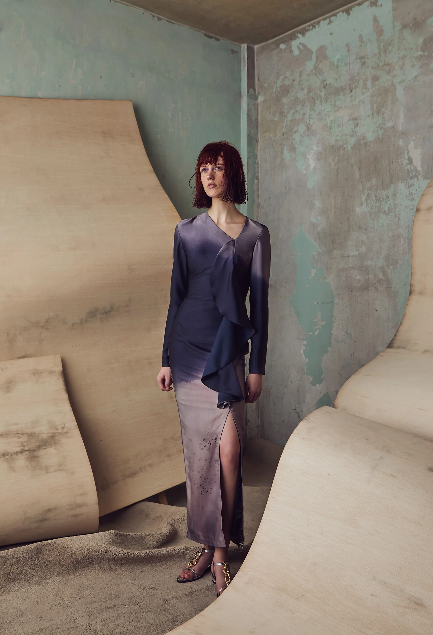 nichii X NURITA HARITH Gradient Indigo Ruffled Maxi Slit Dress