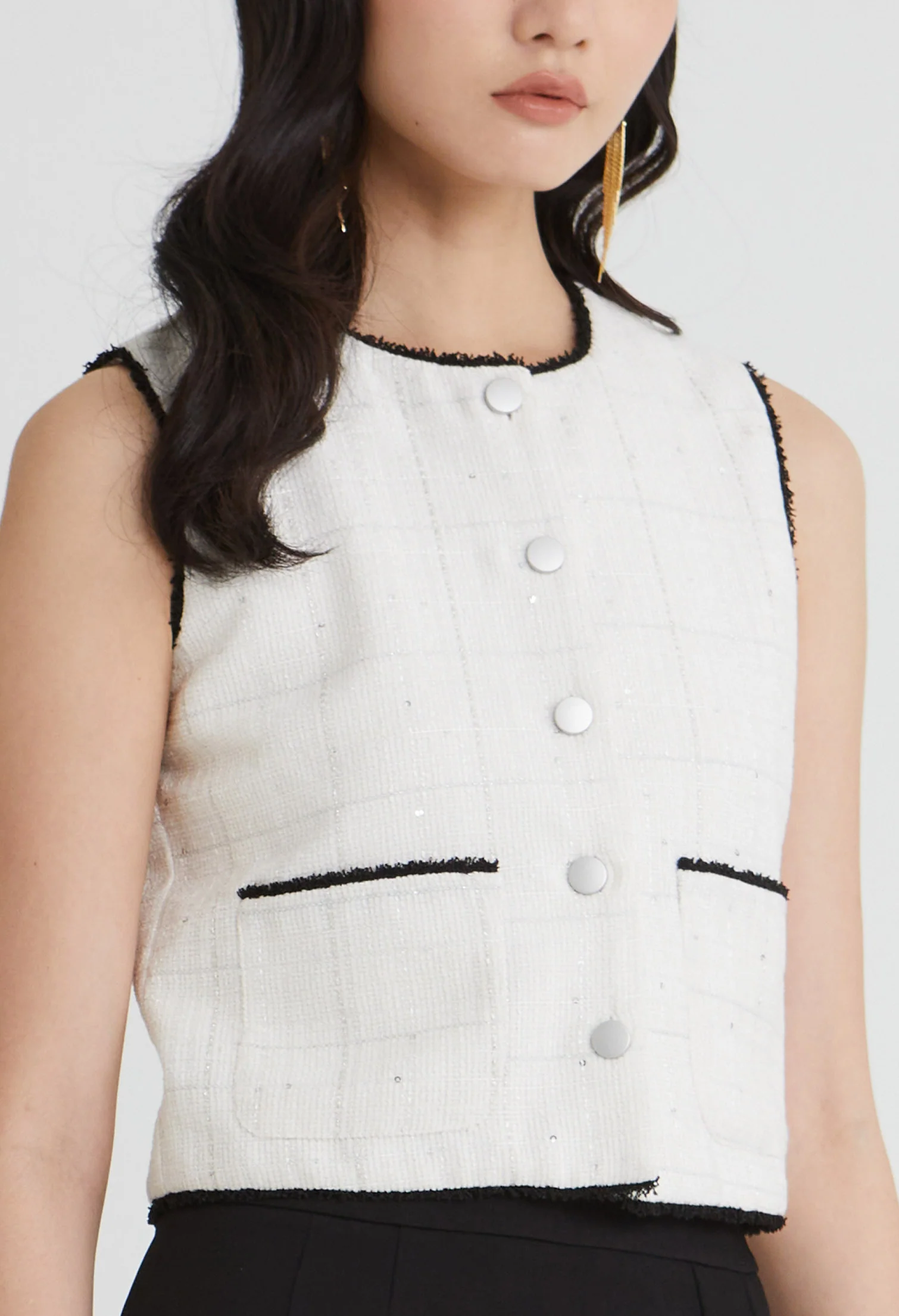 Tweed Charm Buttoned Sleeveless Top