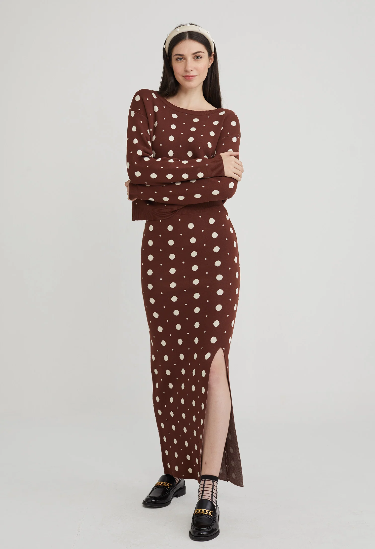 Polka Dot Knit Slit Skirt