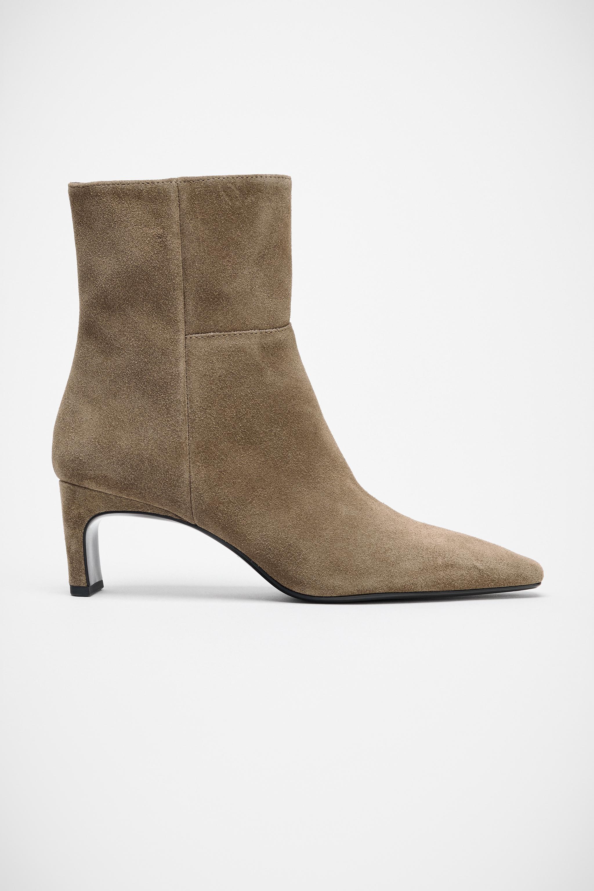 SPLIT LEATHER KITTEN HEEL ANKLE BOOTS