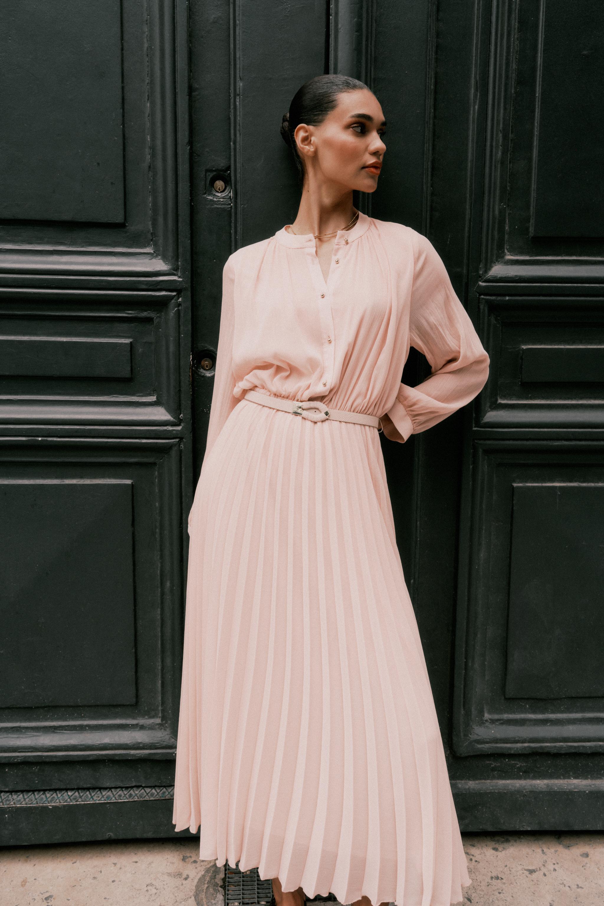 BELTED PLEATED MIDI DRESS